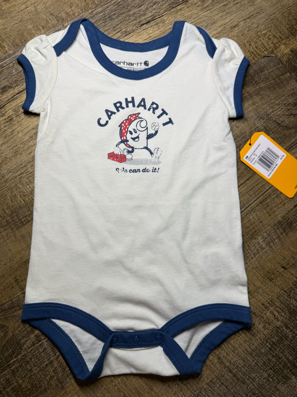 Carhartt White Tee Bodysuit with Navy Trim and Red Graphic